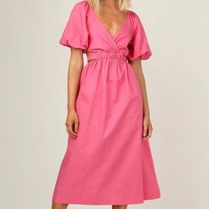 NWT Runaway Scout Lula Dress | Hot Pink Midi Puff Sleeve Linen
